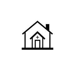 Minimalist Black and White Icon Featuring Two Houses, one nested within the other, suggesting care or medical home.