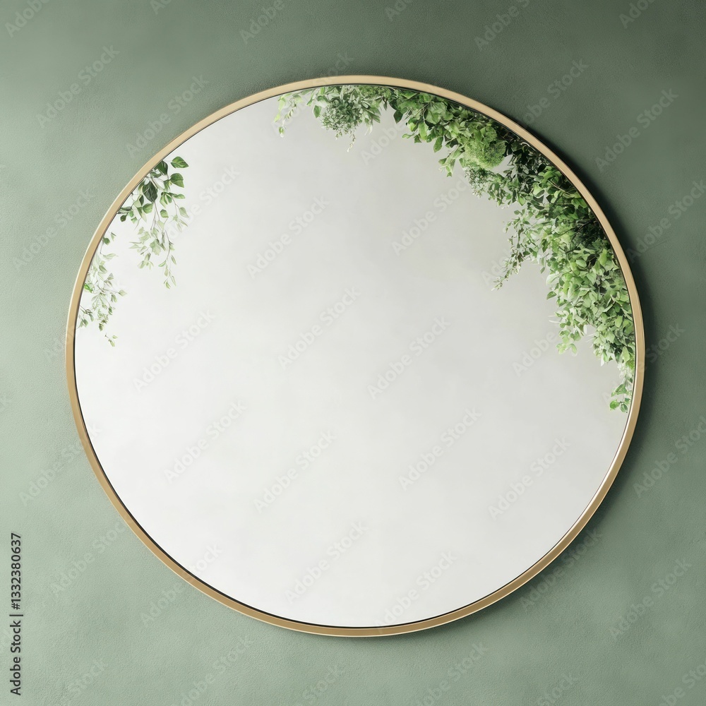 Aufkleber a round mirror with a decorative edge reflects greenery against a soft green wall, creating a serene