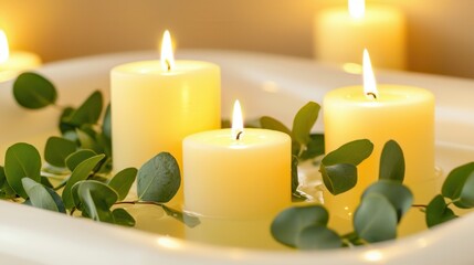 Tranquil Spa Setting Floating Candles and Eucalyptus