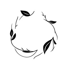 Minimalist Black and White Circular Floral Wreath with Leaves and Branches on White Background, Illustrative and Decorative Design