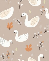 Seamless pattern depicting graceful birds and leaves in a delicate arrangement for nature-inspired designs