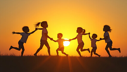 Flat Vector Illustration of Children Playing During Summer Sunset: Capturing Happy Moments in a Cute and Simple Design for Your Business Needs