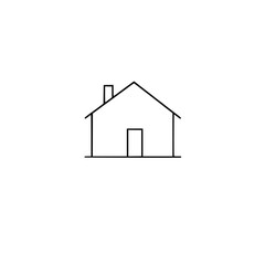Simple Line Art Illustration of a Minimalist House with Geometric Roof, Chimney, and Door on White Background.