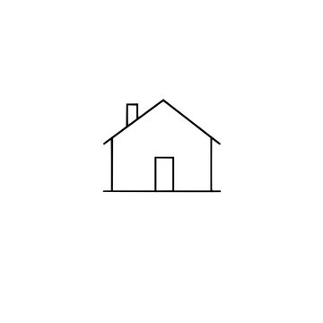 recommend clip art: Simple Line Art Illustration of a Minimalist House with Geometric Roof, Chimney, and Door on White Background.