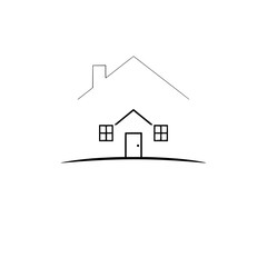 Minimalist Monochrome Illustration of a Simple House with Roof, Chimney, Windows, and Door on a Curving Base, White Background.