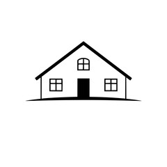 Minimalist Black and White House Icon with Gable Roof, Simple Windows, and a Door, Set on a Subtle Ground Line.