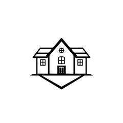 Minimalist Black and White House Logo, Featuring a Simple Geometric Design with Central Door, Windows, and a Tilted Base.