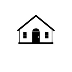 Simplified Black and White House Icon Depicting a Simple Home with a Gable Roof, Door and Windows, against a White Backdrop.