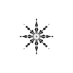 Symmetrical, minimalist black and white starburst design resembling a snowflake, created with sharp, angular details on a blank canvas.