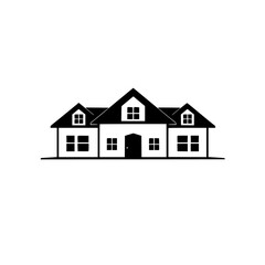 Minimalist Black & White House Illustration: Symmetric composition, dormers, windows, simple, clean design, on white.