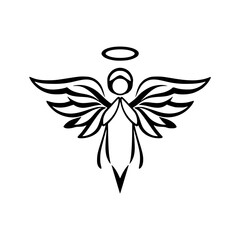 Minimalist Black and White Angel Silhouette with Praying Hands, Halo, and Winged Design on a White Background.