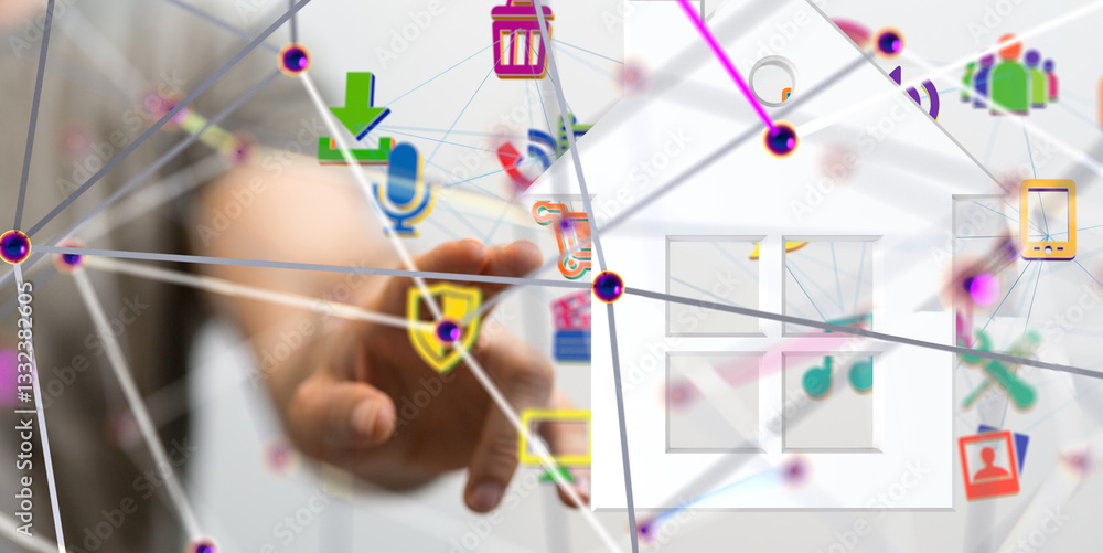 Poster home data. Digital cyberspace with particles and Digital data network connections concept. - 3d
