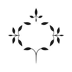 Elegant black leaf motifs arranged symmetrically on a white background, forming a stylish frame-like design with minimalist aesthetics.