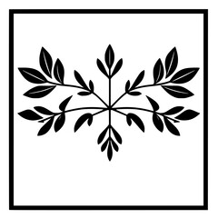 Symmetrical Black and White Floral Design within a Square Frame, Resembling a Botanical Snowflake or Crest, Evoking Minimalist Elegance