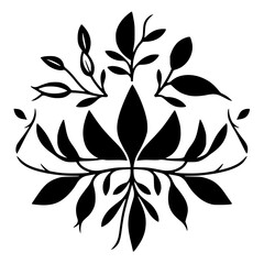 Symmetrical Black Leafy Floral Motif with a Central Starburst Design on a White Background.