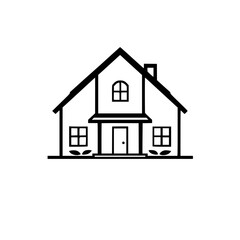 Minimalist Black and White Illustration of a Classic House with Gabled Roof, Windows, and Simple Door, on a White Background.