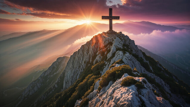 Croce cristiana sulla cima di una montagna illuminata dalla luce del sole al tramonto