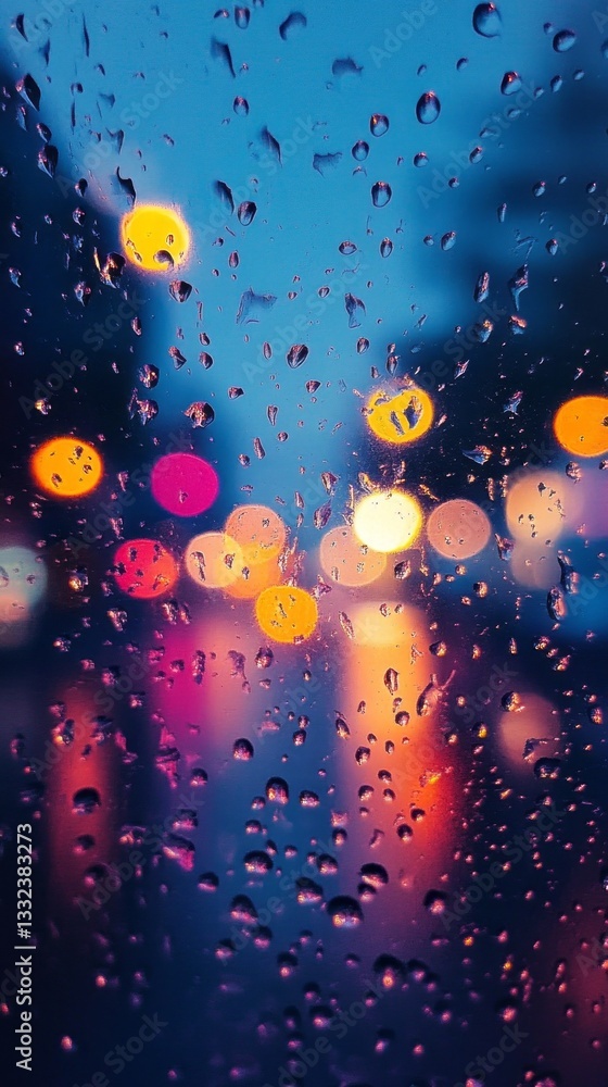 Aufkleber Delicate raindrops cling to the window, creating a beautiful interplay of reflections and colors from the illuminated cityscape. Evening rain transforms the view into an artistic blur