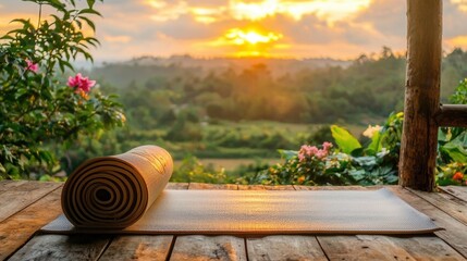 Serene Sunset Yoga Mat on Wooden Deck overlooking Lush Landscape