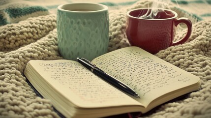 Cozy Winter Day Hot Drinks Journaling and Warm Knit Blanket