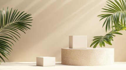 Fototapeta premium Product display with podium, boxes, and palm leaf on beige background.