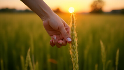 Capturing Rural Serenity: Woman's Hand Touching Grass in a Sunset Field - Embrace Natural Beauty with Photo Stock Concept and Ample Empty Space for Your Design
