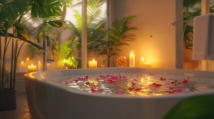 Tranquil Bathroom Spa Candlelight Flowers and Relaxation