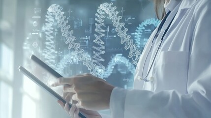 Doctor using tablet analyzing DNA science data in medical research
