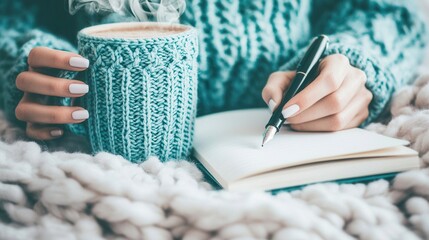 Cozy Winter Day Woman Writing in Journal with Warm Drink