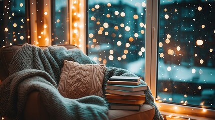 Cozy Winter Evening by the Window with Books and Warm Blanket