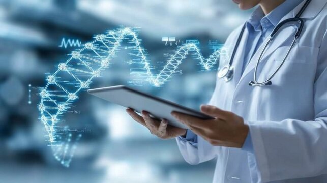 Doctor using tablet analyzing DNA futuristic interface for healthcare diagnosis