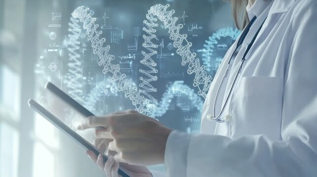 Doctor using tablet analyzing DNA science data in medical research
