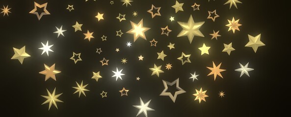 Banner with golden decoration. Festive border with falling glitter dust and stars.