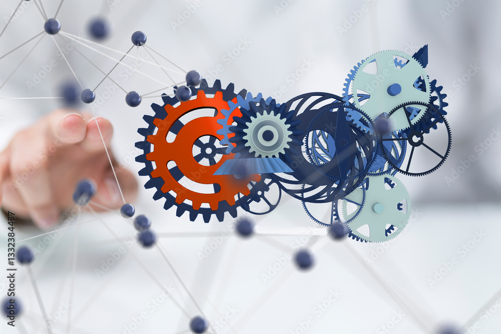 Poster gear system data. Connecting lines and dots.Big data visualization