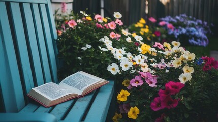 Open Book Resting on a Blue Bench Amongst Vibrant Flowers