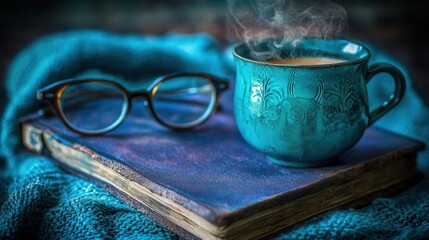 Steaming Mug Book and Glasses on Cozy Blanket