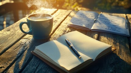 Morning coffee notebook and pen on rustic wooden table in sunlight