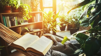Relaxing in a Hammock with a Book and Lush Greenery