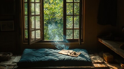 Serene Room with Open Window Incense Smoke and Tranquil Atmosphere