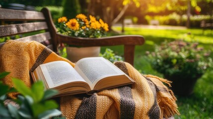 Open book resting on a cozy blanket on a park bench surrounded by flowers and greenery