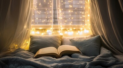 Cozy Bed with Open Book Fairy Lights and Sheer Curtains