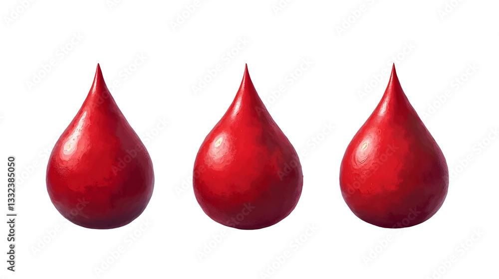 Poster three glossy red droplets arranged in a row, each with a smooth surface and a pointed tip.