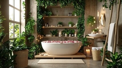 Tranquil Bathroom Oasis Lush Greenery Relaxing Bath