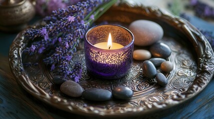 Tranquil scene with lavender candlelight and stones