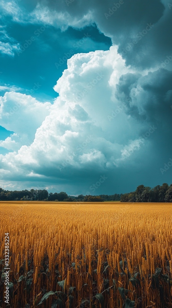 Poster a dramatic cloud filled with rain hovers above a golden field during summer, creating a breathtaking