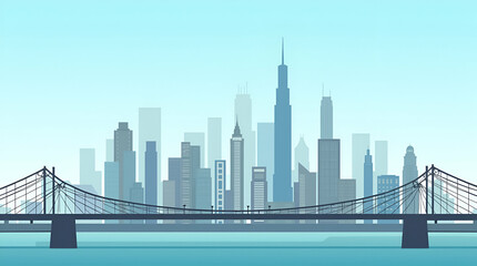 Fototapeta premium Flat Skyscrapers and Bridge Against Clear Sky: A Cute Vector Illustration Showcasing Urban Architecture and Expansive Cityscape in a Smart Business Tone