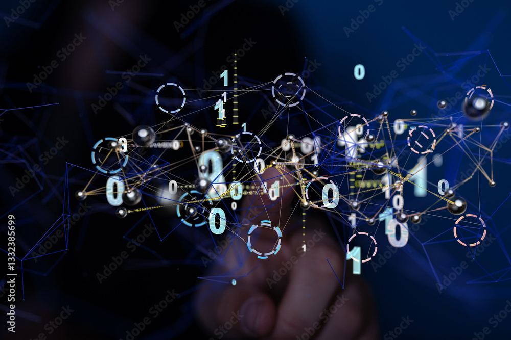 Poster holding 3d rendering group of blue people - neural network exposure digital