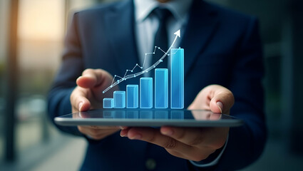 Flat Tablet businessman showing stock bar graphs market economic statistics profit growth vertical image concept as Businessman holding tablet displaying stock bar graphs and market economic statistic