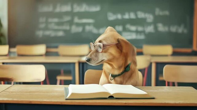 Nerdy dachshund studying textbook, wearing glasses at wooden school desk, embodying playful academic curiosity and clever canine intelligence