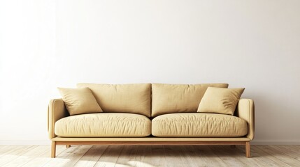 Simple modern living room with beige sofa against white wall and empty space